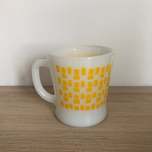 Rare Fire King D Handled &quot;Yellow Blots&quot; Mid Century Modern Milk Glass Coffee Mug