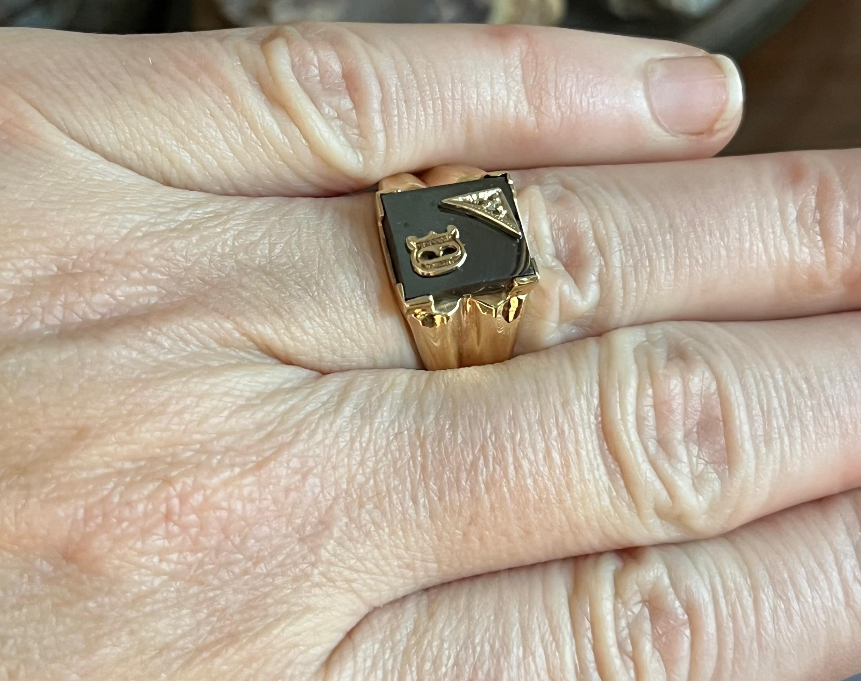 Vintage Art Deco Style 10K Gold Hematite Diamond Initial D Mens