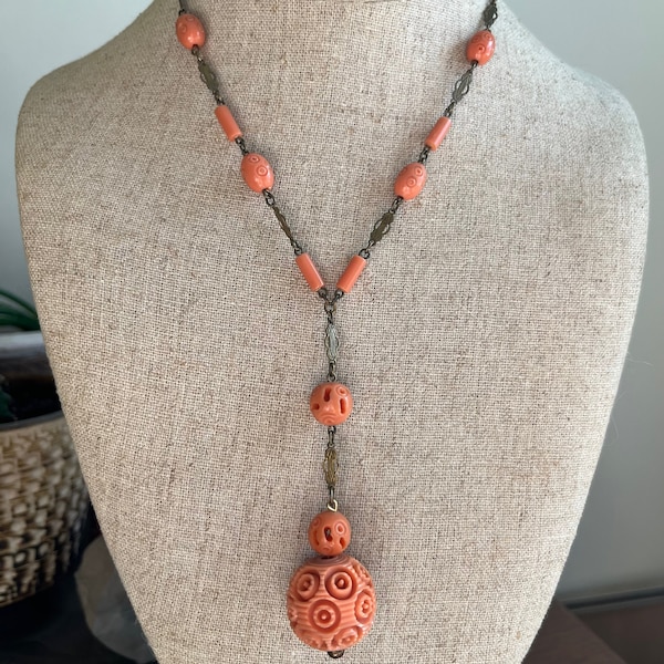 French Art Deco Carved Coral Galalith Y Sautoir Necklace