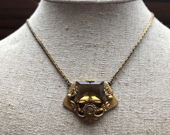 Vintage 1930s Art Deco Max Neiger Czech Topaz Glass Brass Necklace