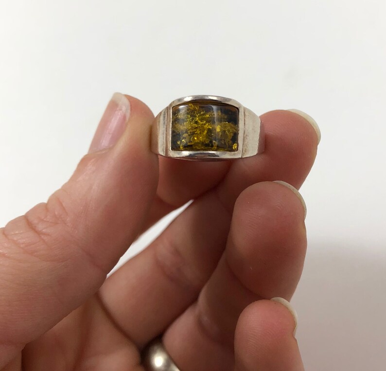 Vintage Sterling Silver Modernist Amber Ring