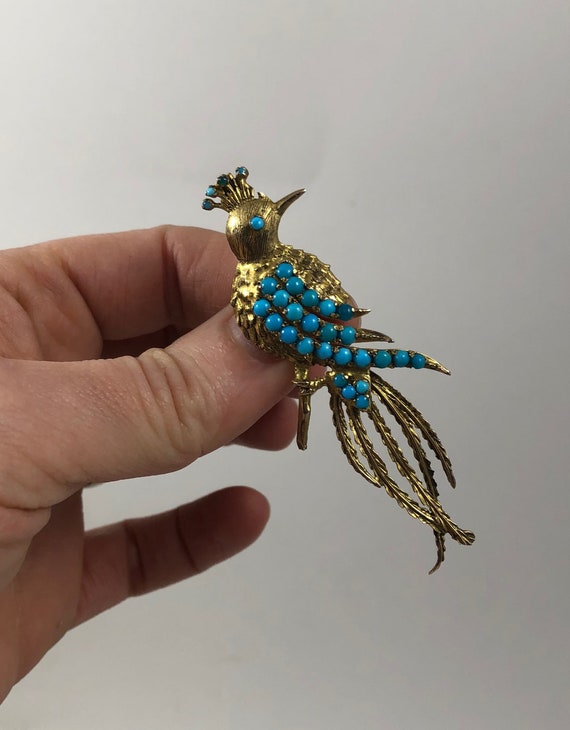 Vintage Mid Century 14K Gold Bird of Paradise Turq