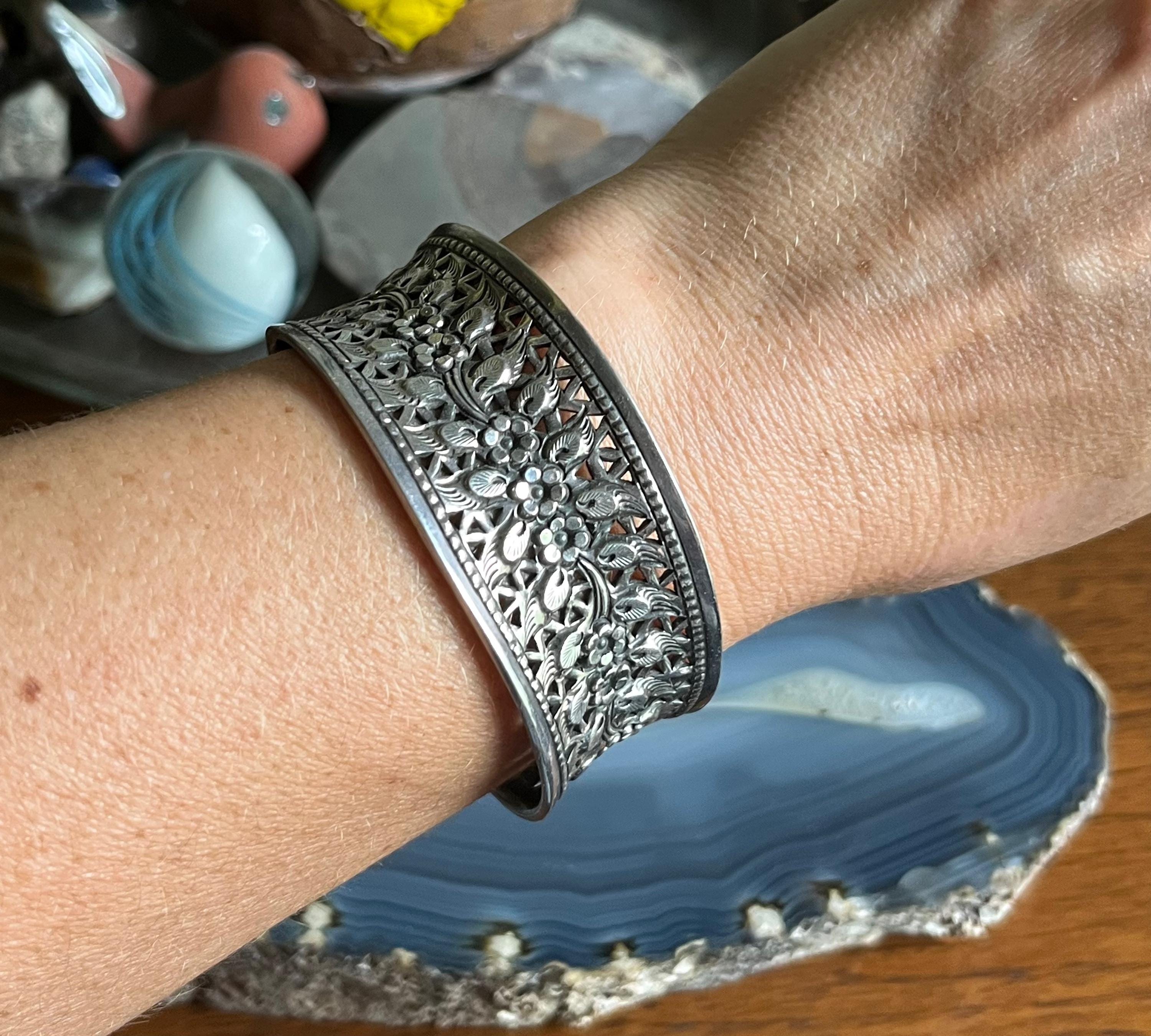 Vintage Sterling Silver Repousse Pierced Floral Cuff Bracelet - Etsy