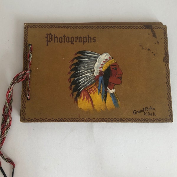 Vintage Empty 1940s Leather Photo Album with Hand Painted Native American Indian Chief Souvenir of North Dakota