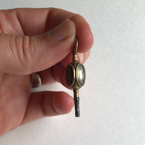 Antique Victorian Georgian Pocket Watch Fob Key Winder Gold Filled with Agate Bloodstone Quartz