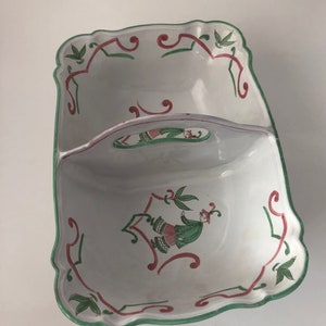 Vintage Mid Century Italian Pottery Chinoiserie Handled Divided Bowl Strawberry Basket