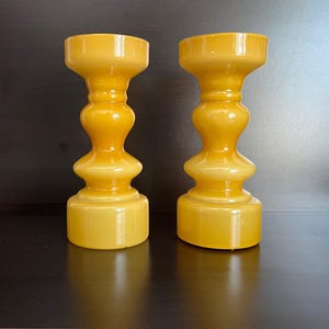 Vintage Mid Century Pair of Japanese Yellow Cased Hooped Glass Swedish Scandinavian Style Vases