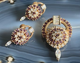 Vintage Amethyst Purple Crystal Rhinestone Art Deco Style Brooch Pendant and Screw Back Earrings