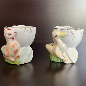 Pair of Vintage 1950s Figural Duck and Chicken Easter Egg Cups