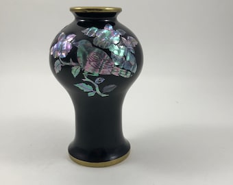Vintage Chinese Black Enamel Abalone Mother of Pearl Birds and Flowers over Brass Vase