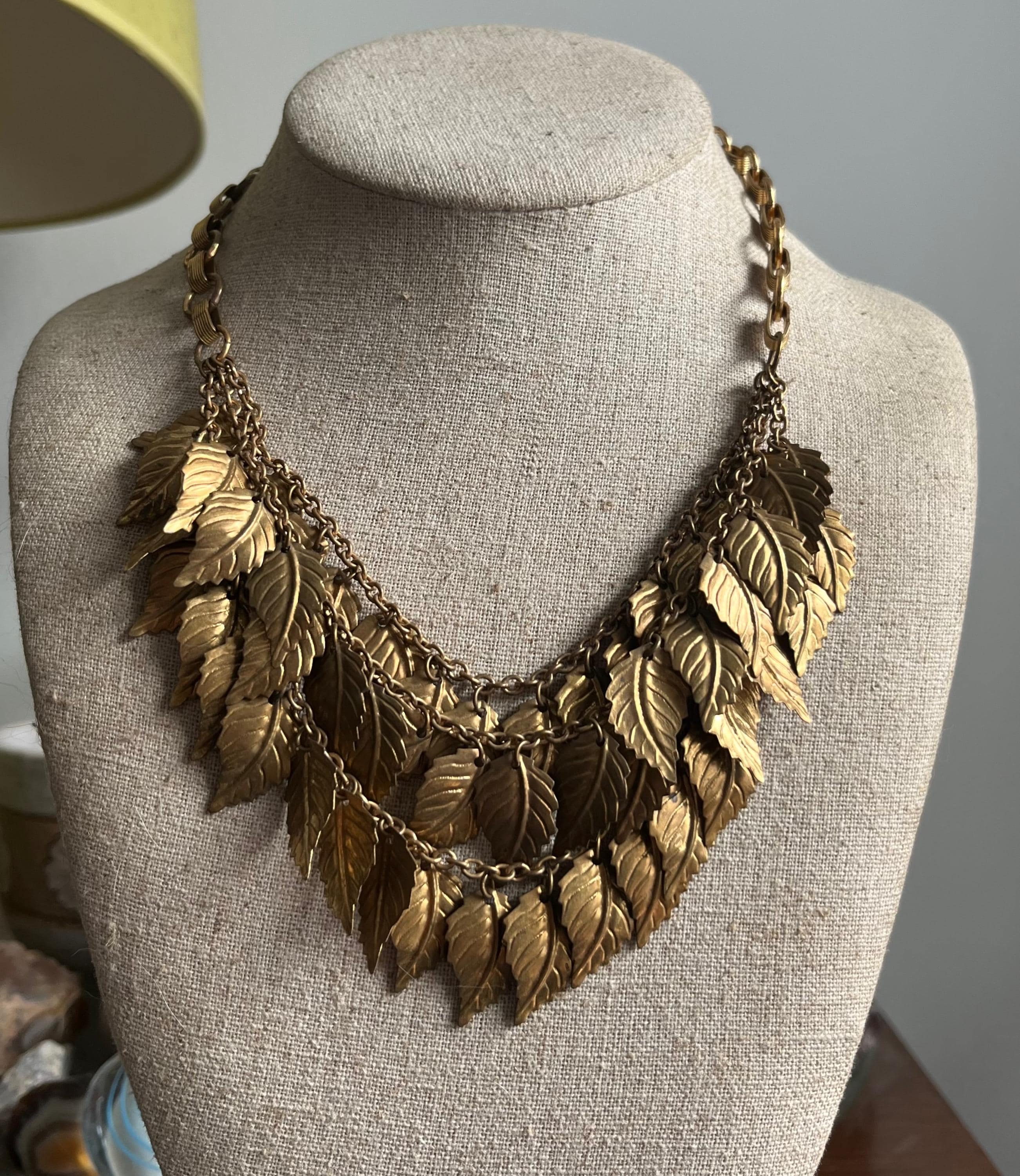 Spectacular Vintage Miriam Haskell Triple Strand Dangling Leaf Bib