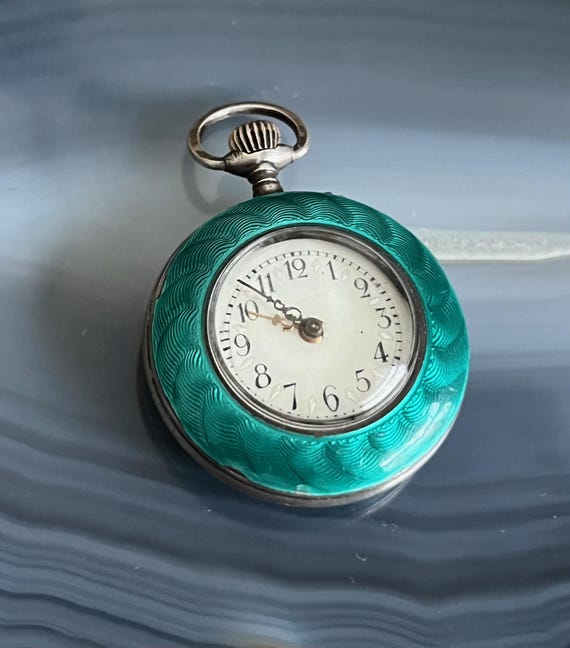 Antique Green Guilloche Enamel 935 Silver Small Ladies Swiss 