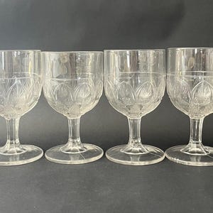 Set of 4 Antique EAPG Pressed Glass Water Wine Goblets Glasses in Ionia pattern