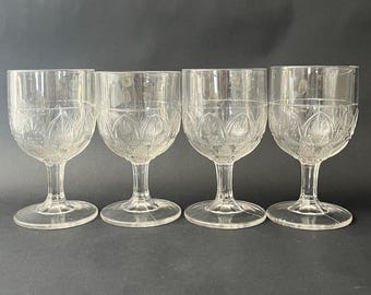 Set of 4 Antique EAPG Pressed Glass Water Wine Goblets Glasses in Ionia pattern