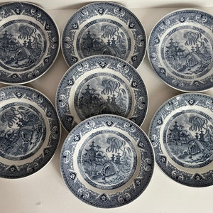 Set of 7 Antique French U&C Sarreguemines Yeddo Asian Oriental Japanese Themed Flow Blue Salad Plates