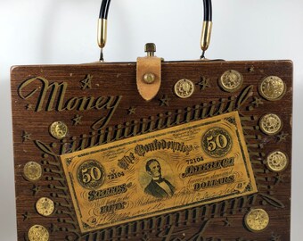 Vintage 1960s Enid Collins Money to Burn Wooden Box Bag Handbag Purse