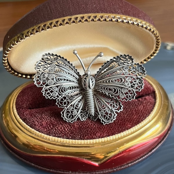 Vintage Cannetille Silver Butterfly or Moth Brooch
