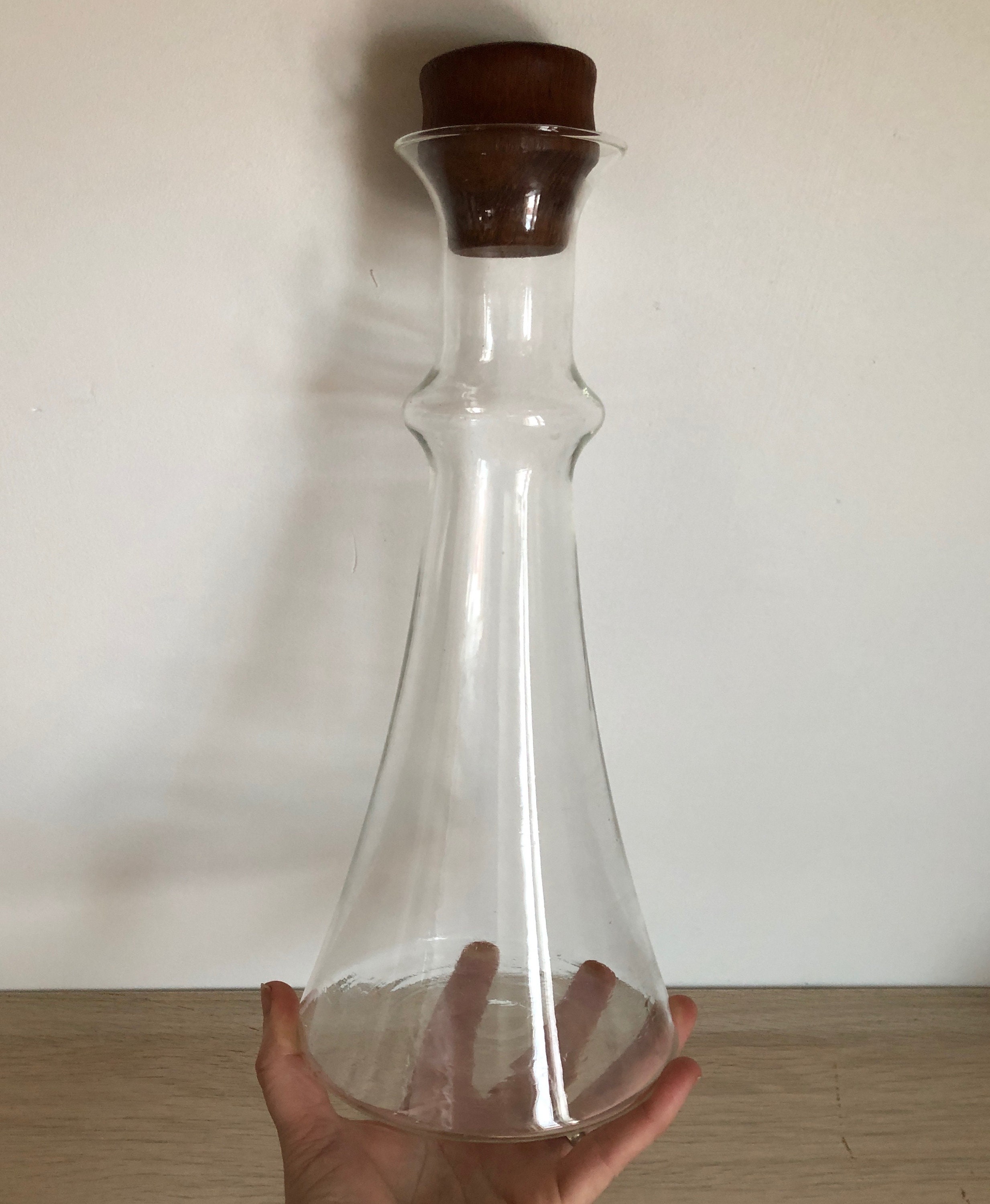 Vintage Mid Century Danish Modern Glass and Teak Decanter or