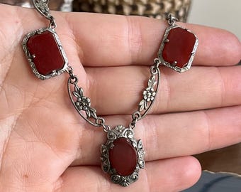 Vintage Art Deco Sterling Silver Carnelian Festoon Swag Necklace