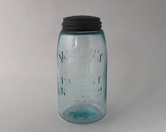 Antique Blue Mason Canning Fruit Jar Quart Mason's Maltese Cross Patent Nov 30th 1858 with Original Zinc Lid