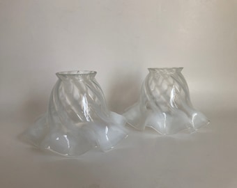 Pair of (2) Antique Victorian Ruffled Opalescent Swirl Glass Lamp Shades