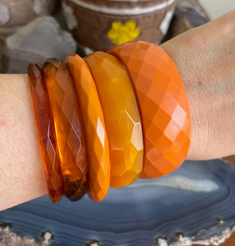 CHOICE Shades of Yellow Orange and Brown Diamond Faceted Bakelite Stacking Bangle Bracelets image 2