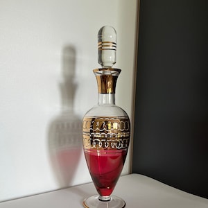 Vintage Mid Century Hollywood Regency Cranberry Red and Gold Bohemian Crystal Liquor Spirits Wine Decanter