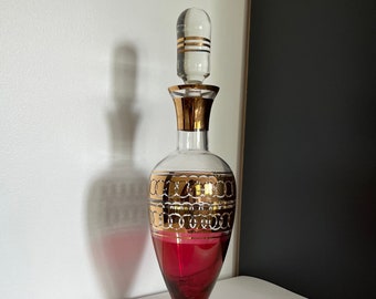 Vintage Mid Century Hollywood Regency Cranberry Red and Gold Bohemian Crystal Liquor Spirits Wine Decanter