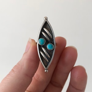 Vintage Zuni Navajo Sterling Silver Turquoise Large Marquise Shaped Ladies Ring