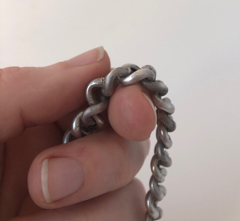 Antique Victorian French Silver Patterned Chain Link Bracelet with Charm Fob