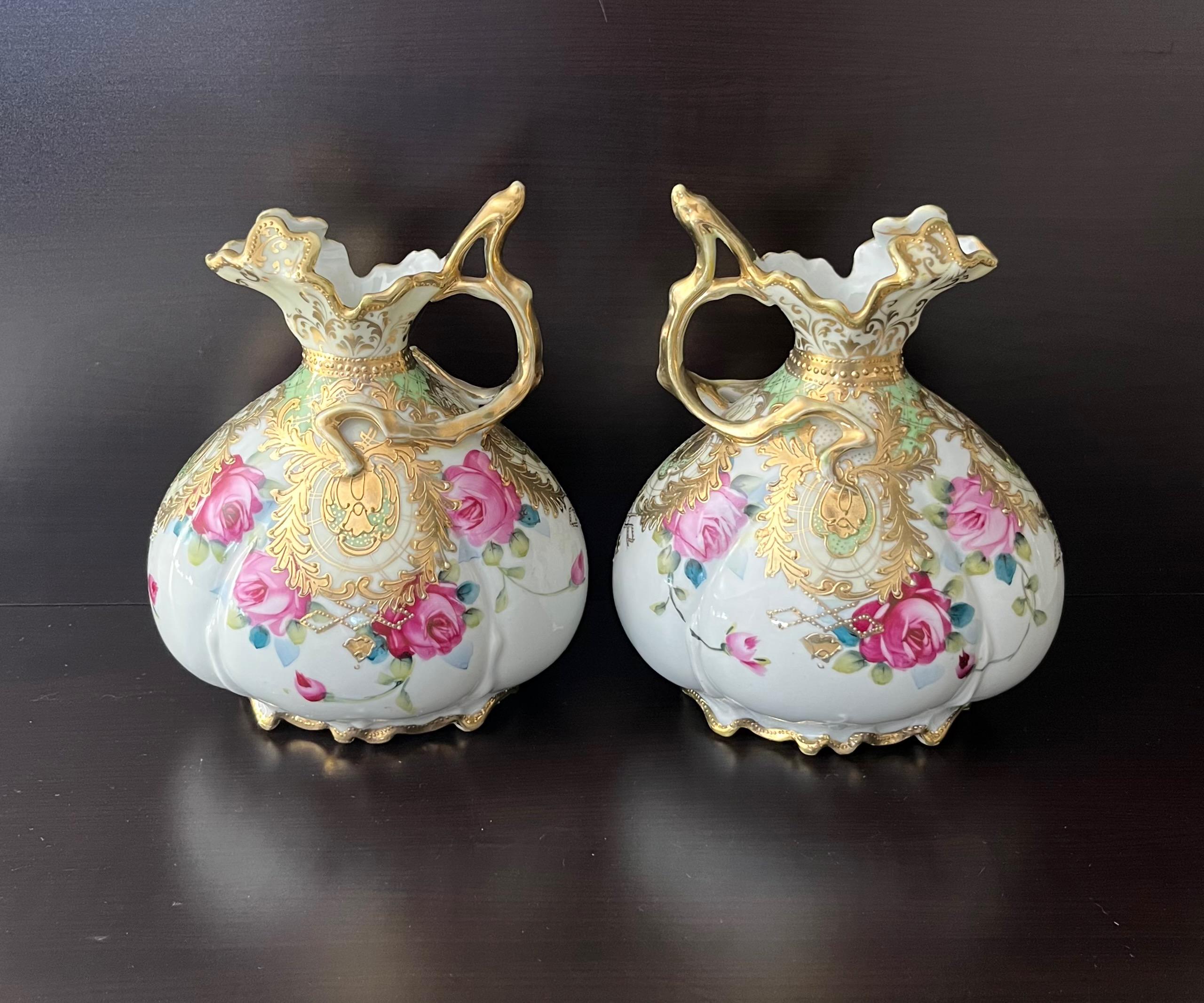 Pair of Ornate Antique Royal Nippon Gilt Hand Painted Roses