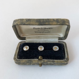 Antique Porte & Markle Jewelers Winnipeg Canada Set of 15K Gold Mother of Pearl Studs in Original Box