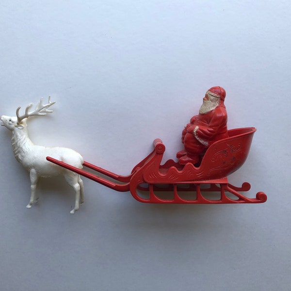 Reserved for Melissa Vintage Christmas Plastic Santa on Sleigh with Reindeer Ornament