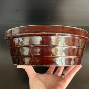 Vintage Farmhouse Kitchenware Brown Yellow Ware Low Banded Mixing Serving Bowl