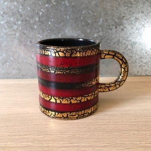 Vintage Mid Century Modern Italian Pottery Fratelli Fanciullacci Red Black Gold Crackled Striped Coffee Mug
