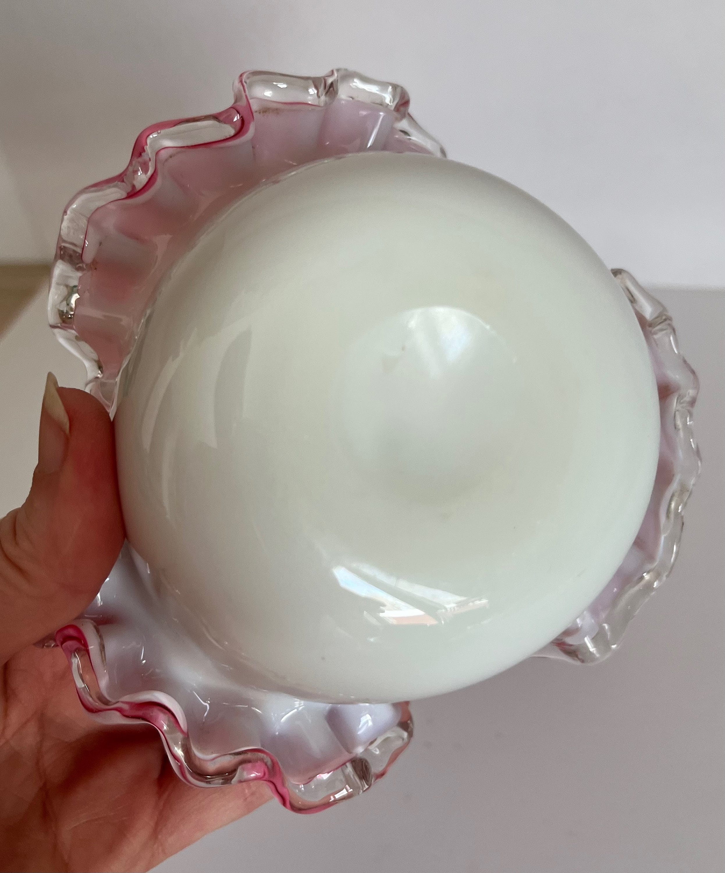 Pink Ruffle Rim Antique Fenton Rosecrest Pink and Milk Glass Ruffled Rim Candy Dish ...