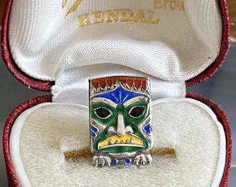 Antique Sterling Silver Enamelled Totem Pole Face Mask Pin Brooch