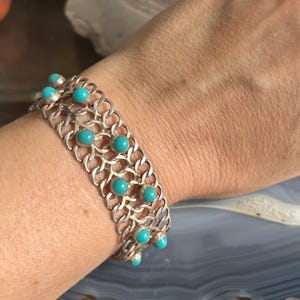 Vintage Mexican Taxco Sterling Silver Simulated Turquoise Cabochon Chain Link Bracelet