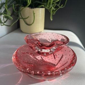 Pair of Murano Italy Vintage Cranberry Glass Bullicante Art Glass Bowls