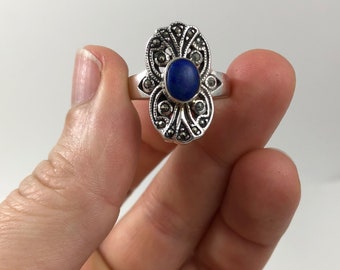 Vintage Art Deco Style Sterling Silver Marcasite and Azurite or Lapis Blue Stone Ring