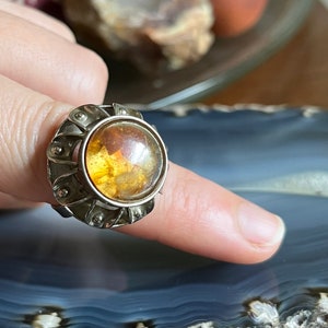 Vintage Mid Century Scandinavian Style Silver and Amber Resin Statement Ring