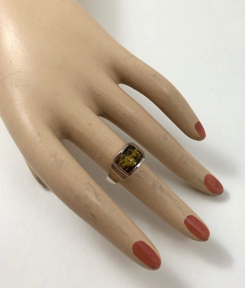 Vintage Sterling Silver Modernist Amber Ring