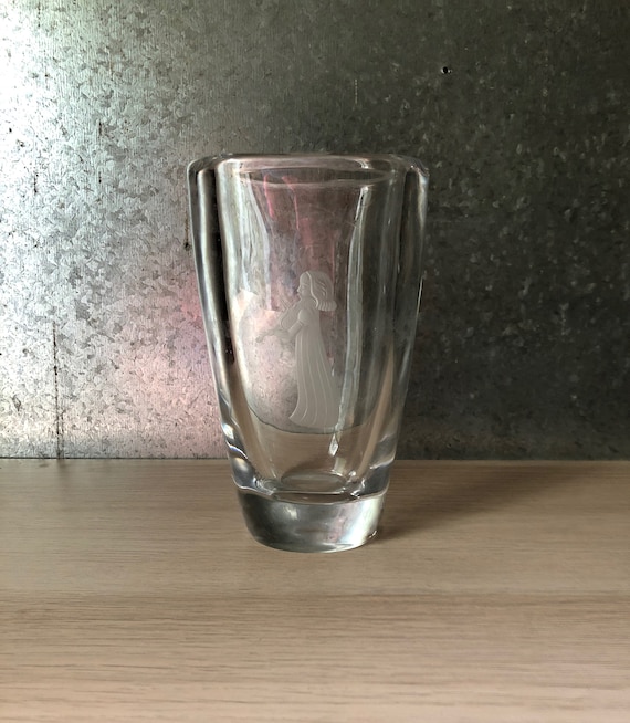 Vintage Signed Orrefors Sweden Crystal Vase Engraved Little Girl