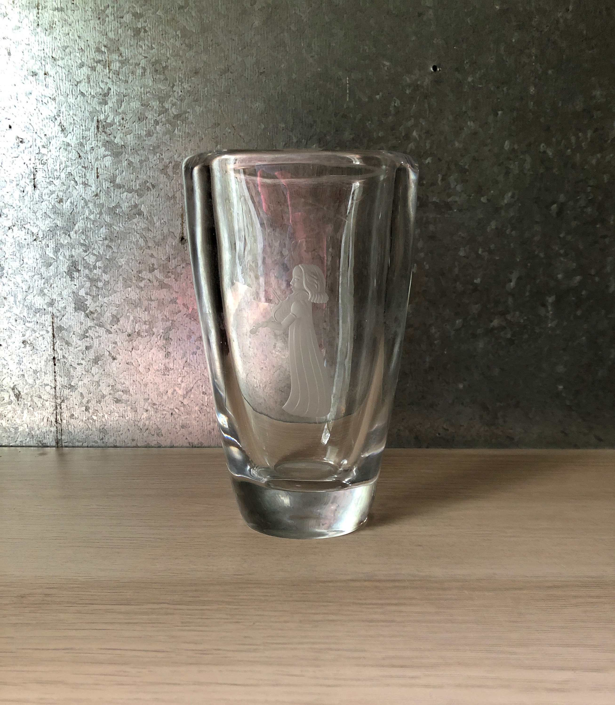 Vintage Signed Orrefors Sweden Crystal Vase Engraved Little Girl