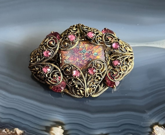 Antique Vintage Gold Tone Filigree Opal Pink Rhin… - image 1