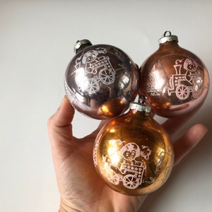 Set of 3 Large East Germany Stencilled Vintage Toy Themed Mercury Glass Christmas Ornaments