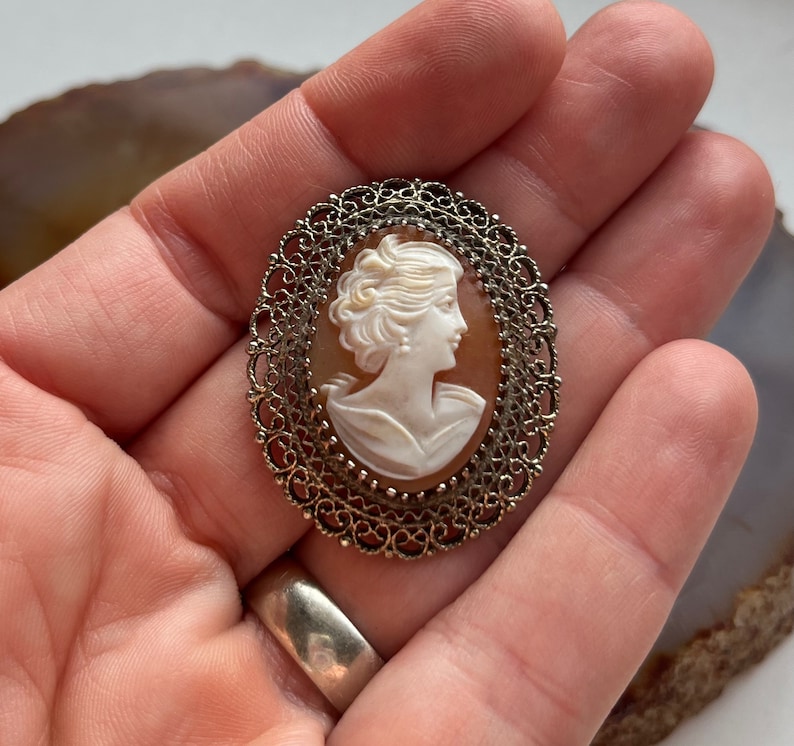 May include: A cameo brooch featuring a carved shell portrait of a woman with a detailed filigree frame.