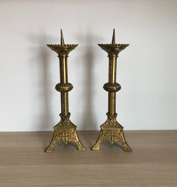 Pair of 17th century brass pricket candlesticks