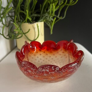 Vintage Mid Century 1950s Murano Silver and Red Bullicante Art Glass Bowl