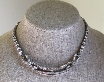 Vintage Mid Century Trifari Art Deco Crystal Rhinestone Choker Necklace